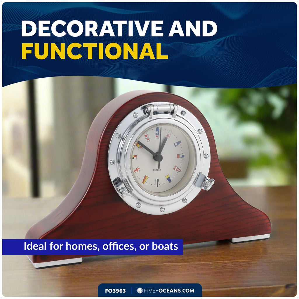 Porthole Collection Nautical Tambour Clock for Desk (Hardwood Mahogany)