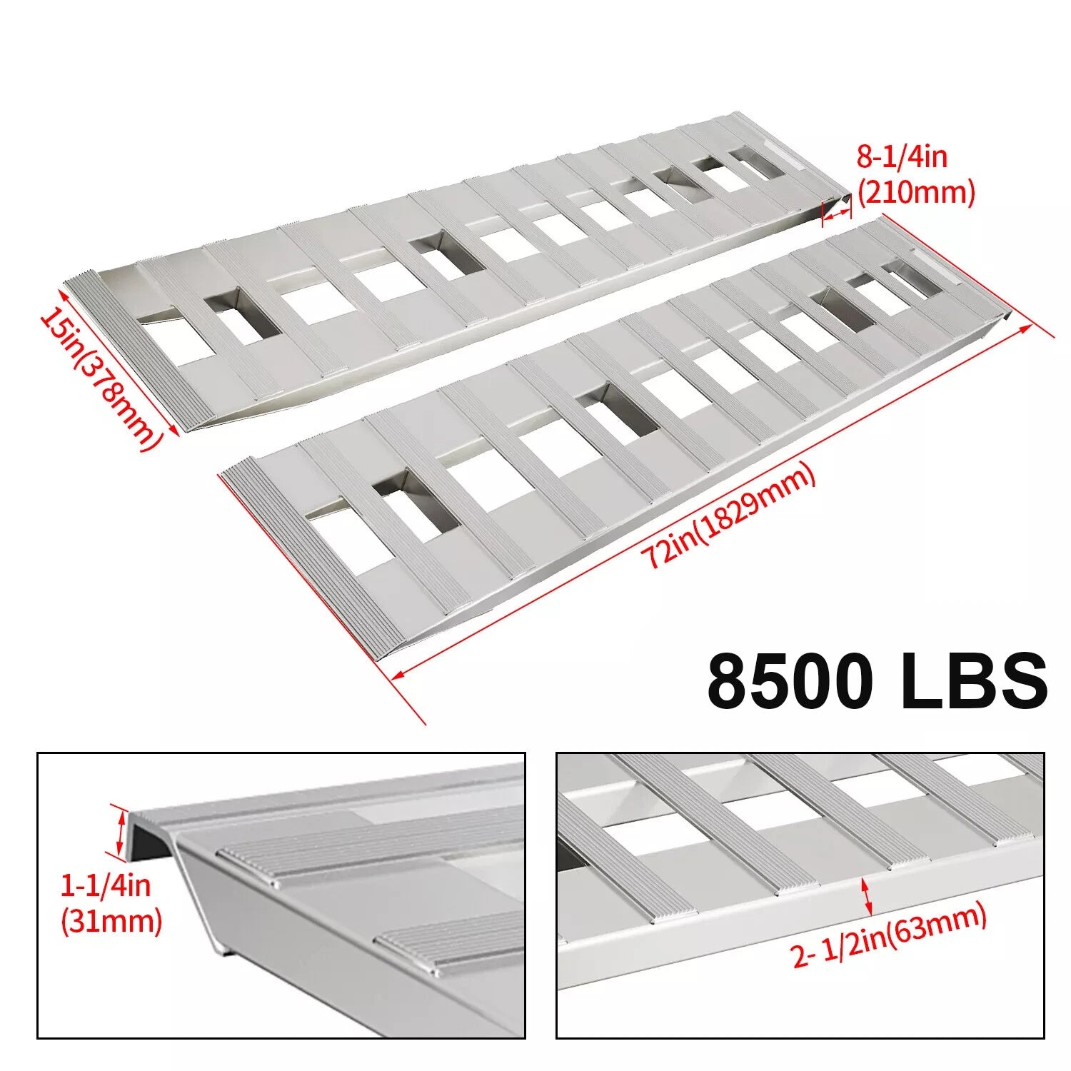 Set of 2 Aluminum Hook Ramps for Car Truck Trailer (8500 lbs, 72" x 15")