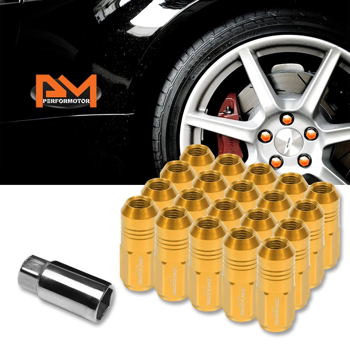Set of 20 M12X1.5 Gold JDM Closed End Cone Hex Wheel Lug Nuts + Extension 20mm