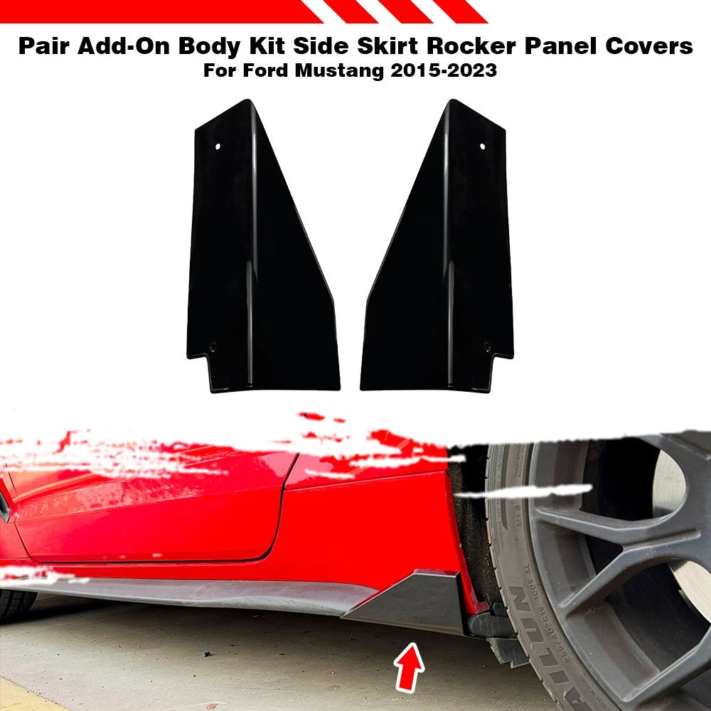 Pair Black Body Kit Side Skirt Rocker Panel Covers for Ford Mustang (2015–2023)