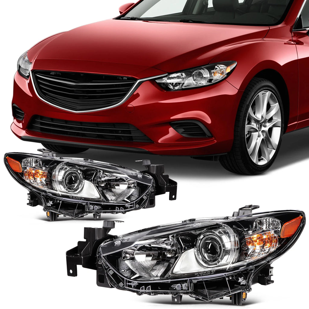 2X Headlight Assembly for Mazda 6 (2014–2017) - Black Amber