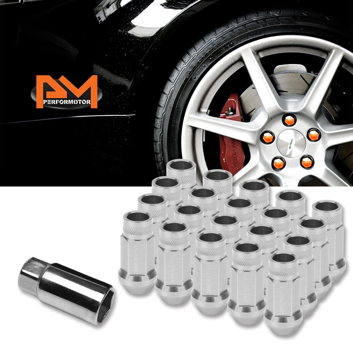 20Pc M12X1.25 Silver JDM Open End Cone Hex Wheel Lug Nuts + Extension 25mmx50mm