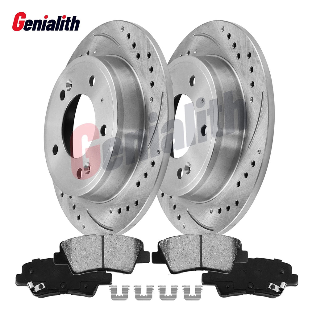 Set of 2 Rear Drilled Rotors + Ceramic Brake Pads for Hyundai Elantra Kia Forte