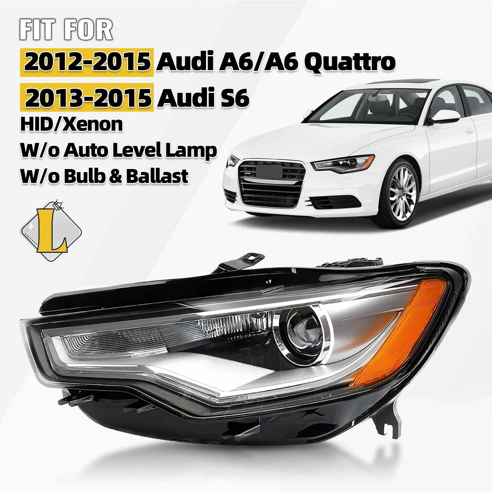 HID Headlight for Audi A6 S6 (2012–2015) Left w/o Auto Leveling, Bulb, Ballast