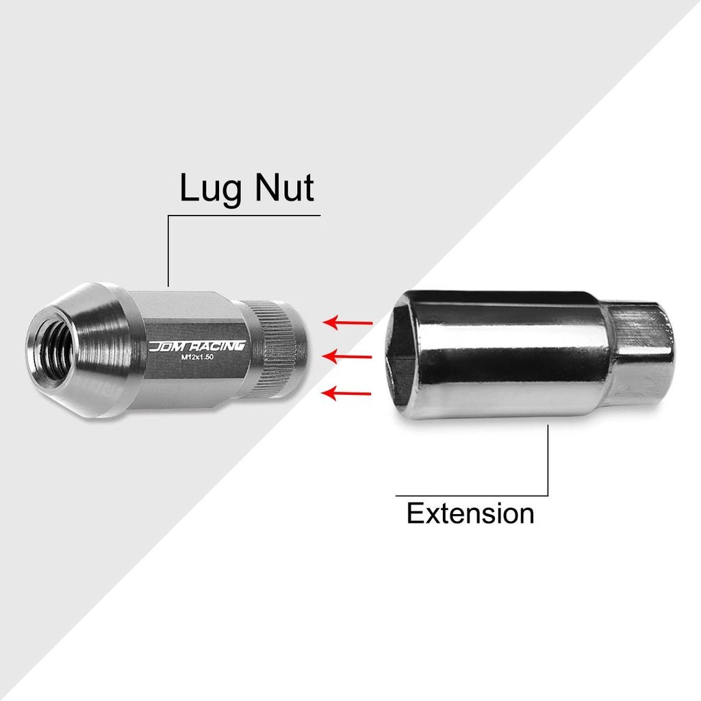 Set of 20 M12X1.5 Silver JDM Open End Bulge Hex Wheel Lug Nuts + Extension 25mmx44mm
