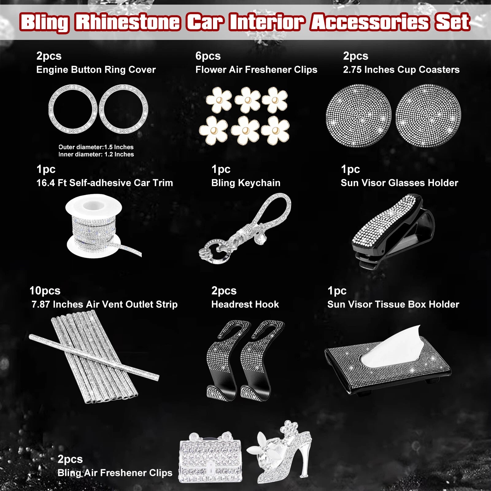 Sparkly White Rhinestone Diamond Interior Set for Women Girls (28 PCS)