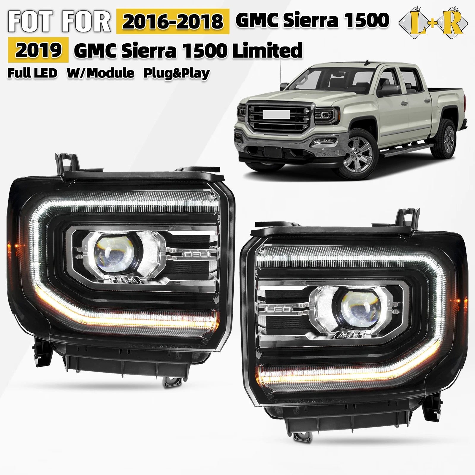 Full LED Projector Headlight Set for GMC Sierra 1500 (2016–2018)