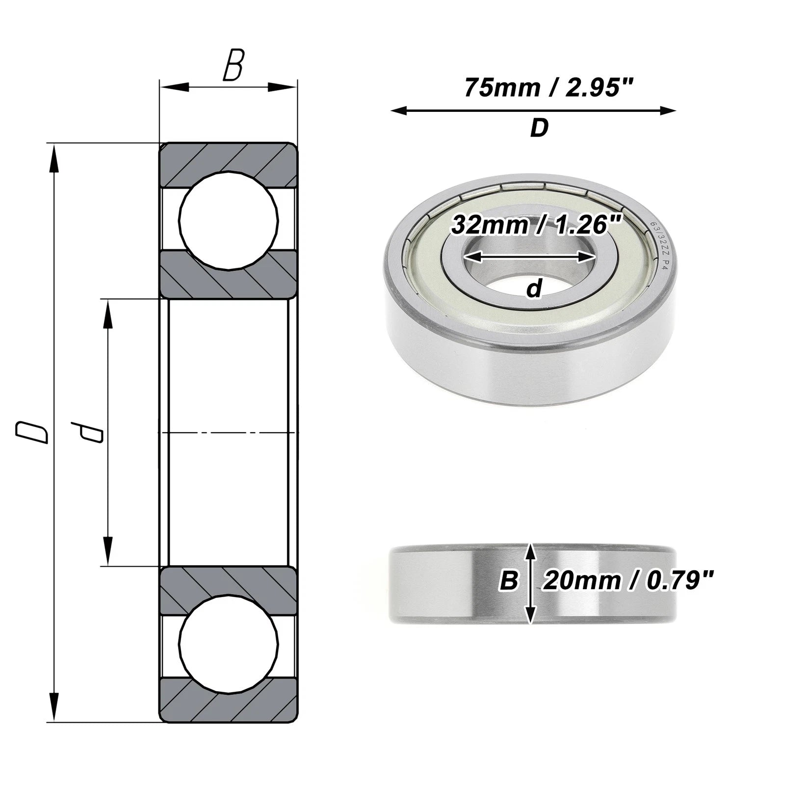 Deep Groove Ball Bearing P4 for Scooter Skateboard Wheel (32x75x20mm)