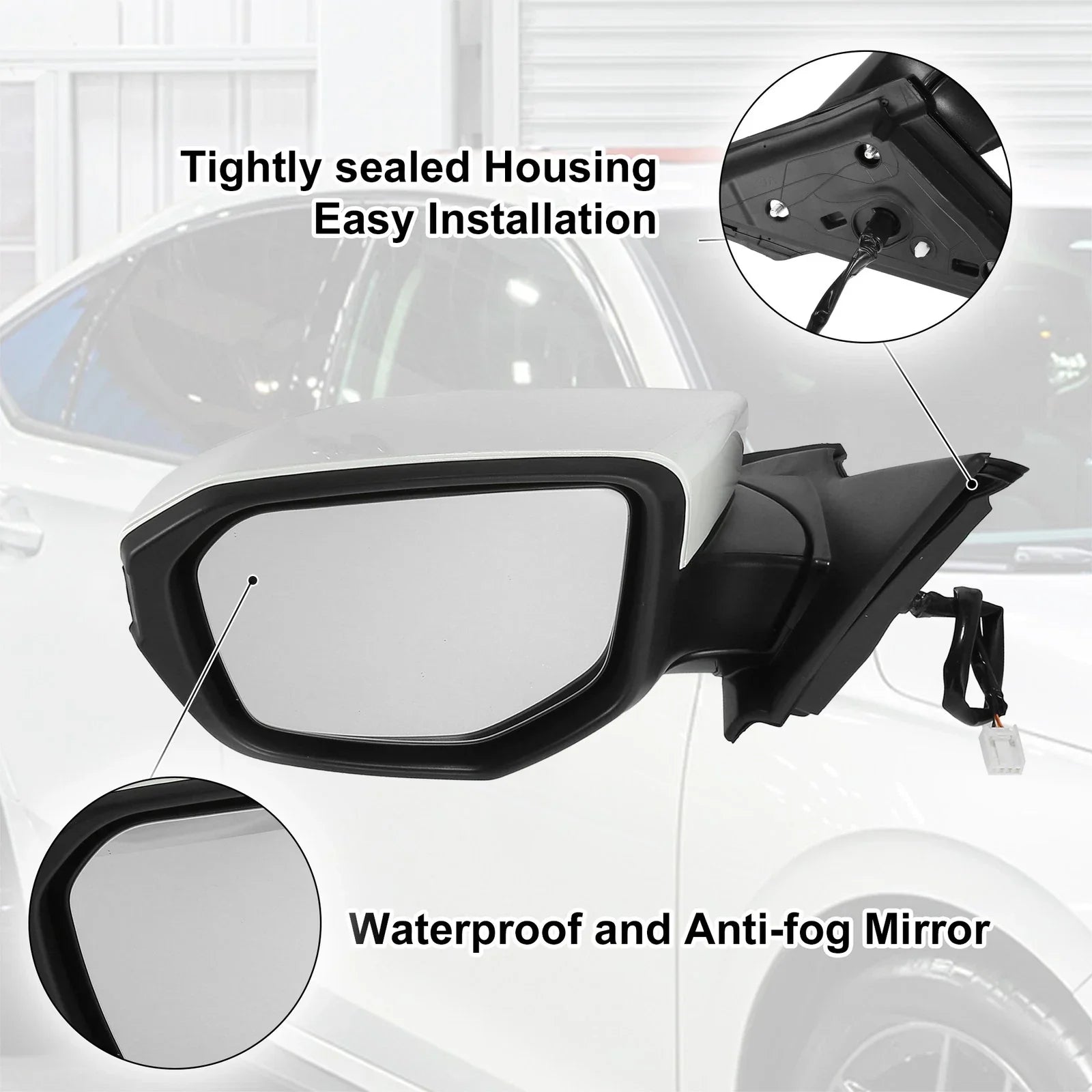 Left Side Exterior Door Mirror Assembly White for Honda Civic (2016-2021)