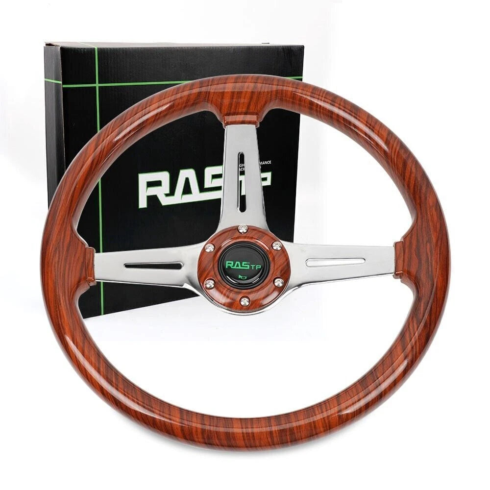 14'' Wooden Steering Wheel for Universal Fit (Wood Grain, Silver Chrome Spoke)