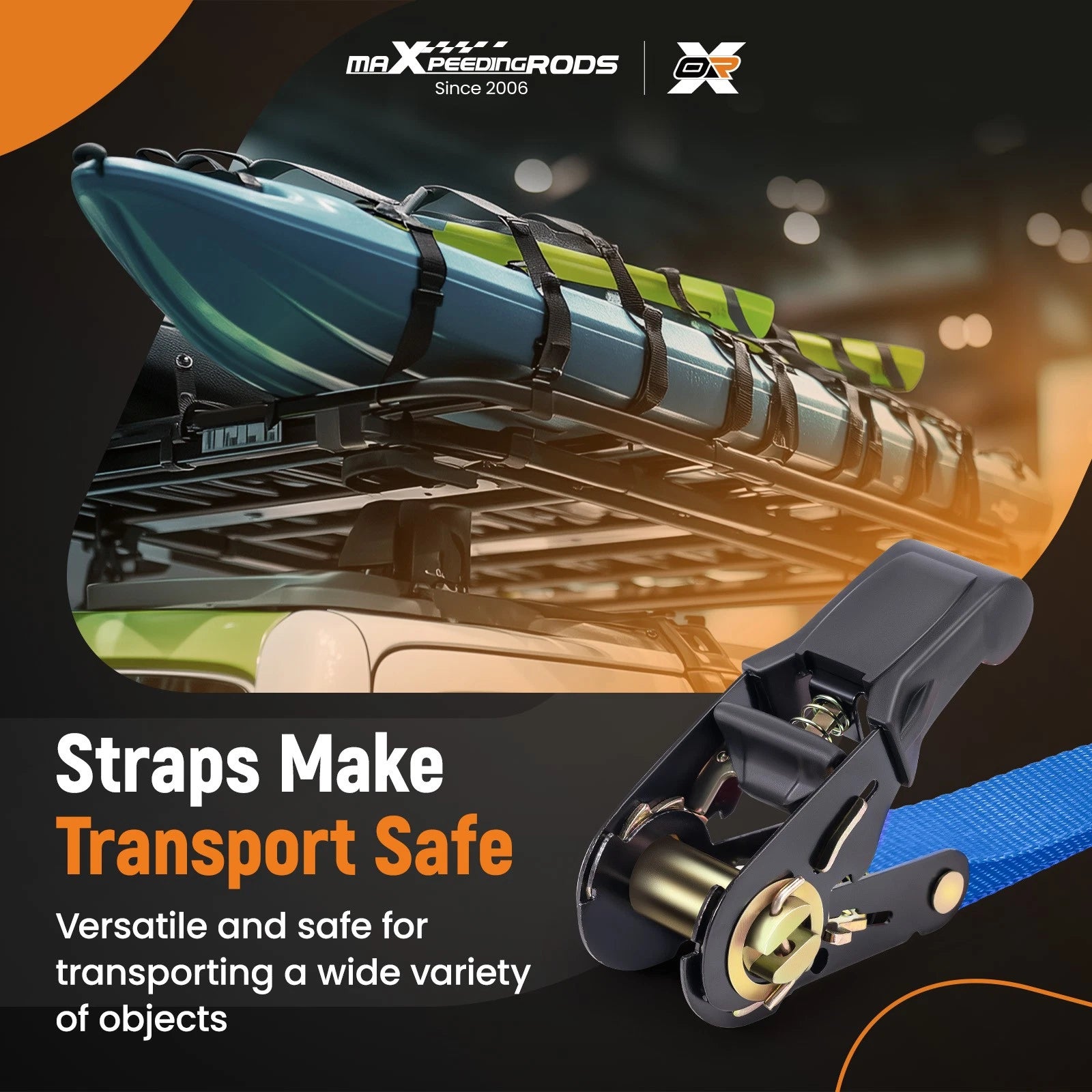 S-Hook Ratchet Straps Tie Down 2200 lb 1 inch for ATV (Transport)