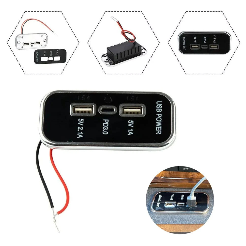 3 Ports PD Type-C USB Charger Socket for Car Boat ATV RV