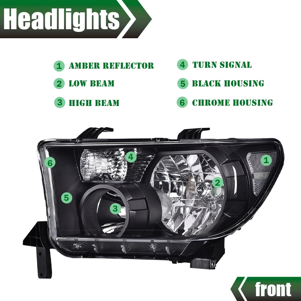 Clear Black Headlights for Toyota Tundra, Sequoia (2007–2017)
