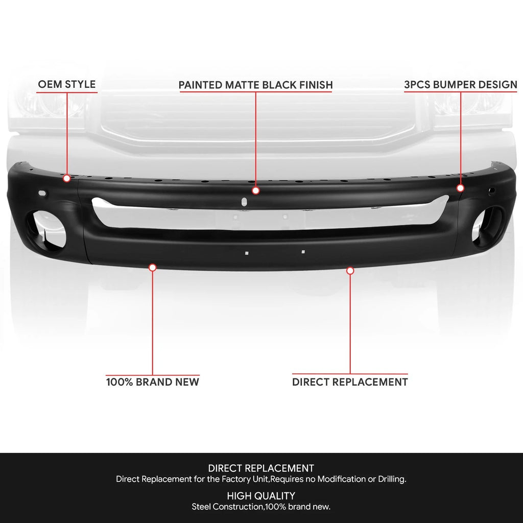 3pcs Front Bumper Face Bar Replacement for Dodge Ram 1500 2500 3500 (2002–2009)