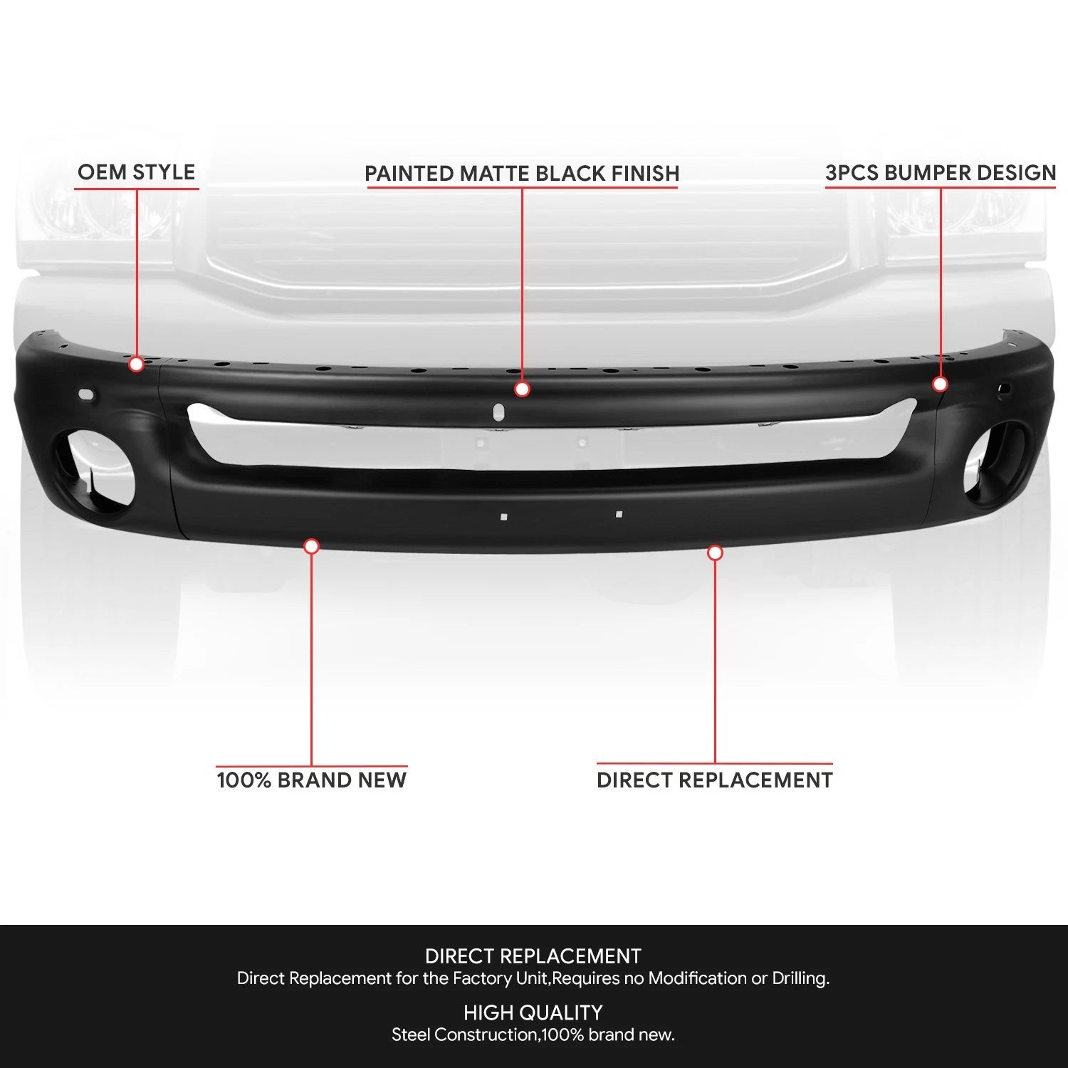 3pcs Front Bumper Face Bar Replacement for Dodge Ram 1500 2500 3500 (2002–2009)