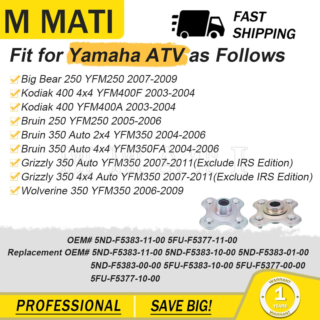 Set of 2 Rear Wheel Hubs for Yamaha YFM400A YFM400F Kodiak 400 (2003–2004)