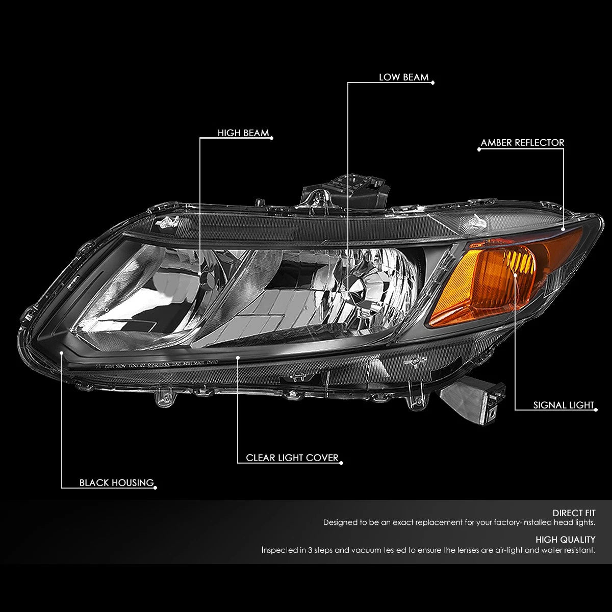 Pair of Black/Amber Signal Headlight Lamps for Honda Civic (2012–2015)