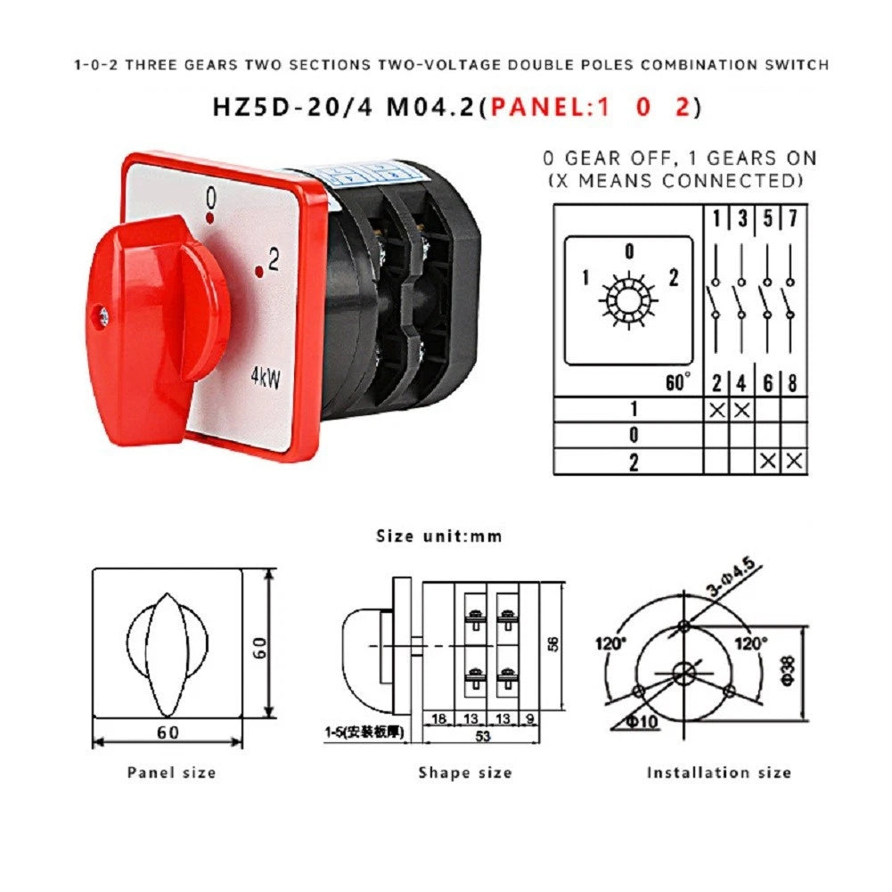 Double Pole Changeover Switch HZ5D20/4M04.2 20A AC380V (1-0-2)