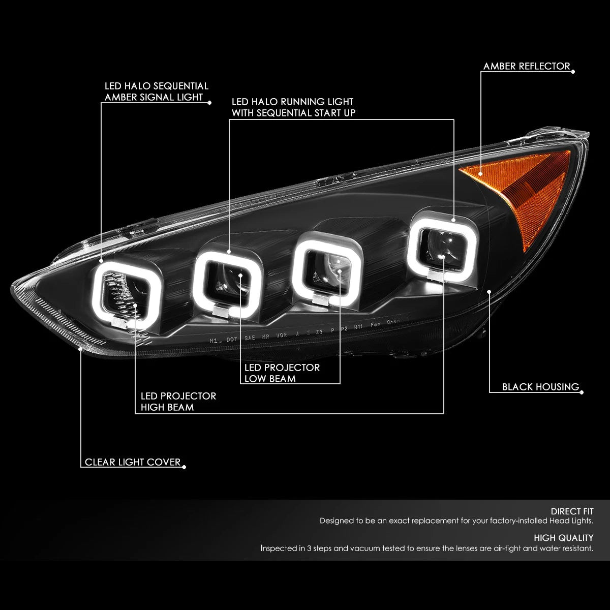 Sequential LED Halo Projector Headlight for Ford Focus (2015–2018) Black/Amber