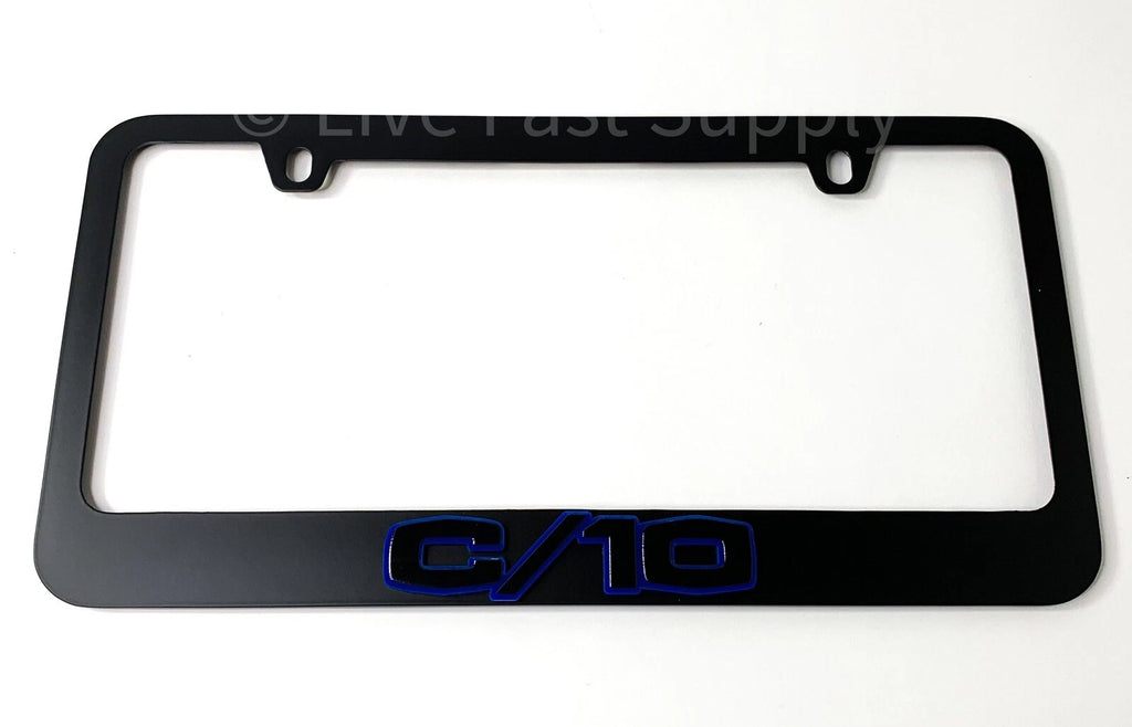Matte Black License Plate Frame Premium Blue Outline Script for Chevy C10 (1963–1965)