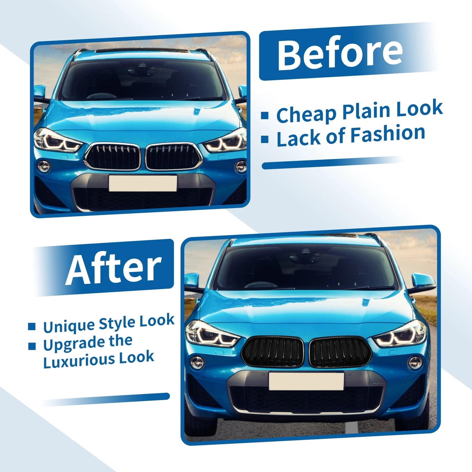 1 Pair Front Upper Bumper Grille for BMW X2 (2017–2023) Gloss Black