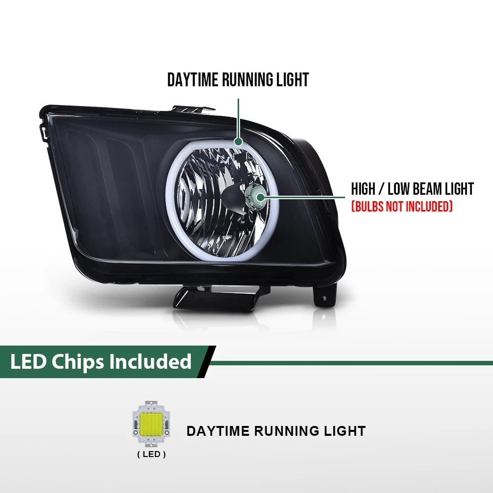 2X Black Smoke LED DRL Halo Headlights for Ford Mustang (2005–2009)
