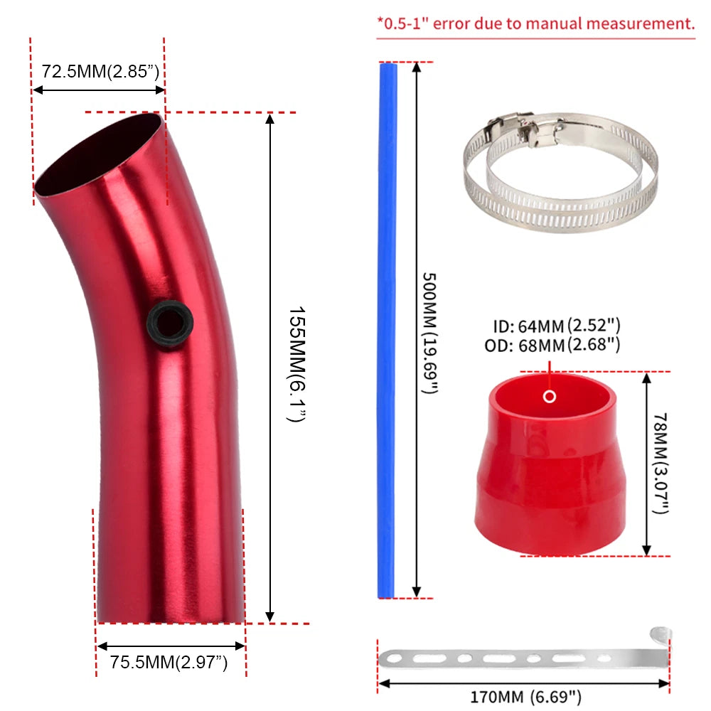 76mm 3" Aluminum Cold Air Intake Induction Pipe Hose Tube for Universal