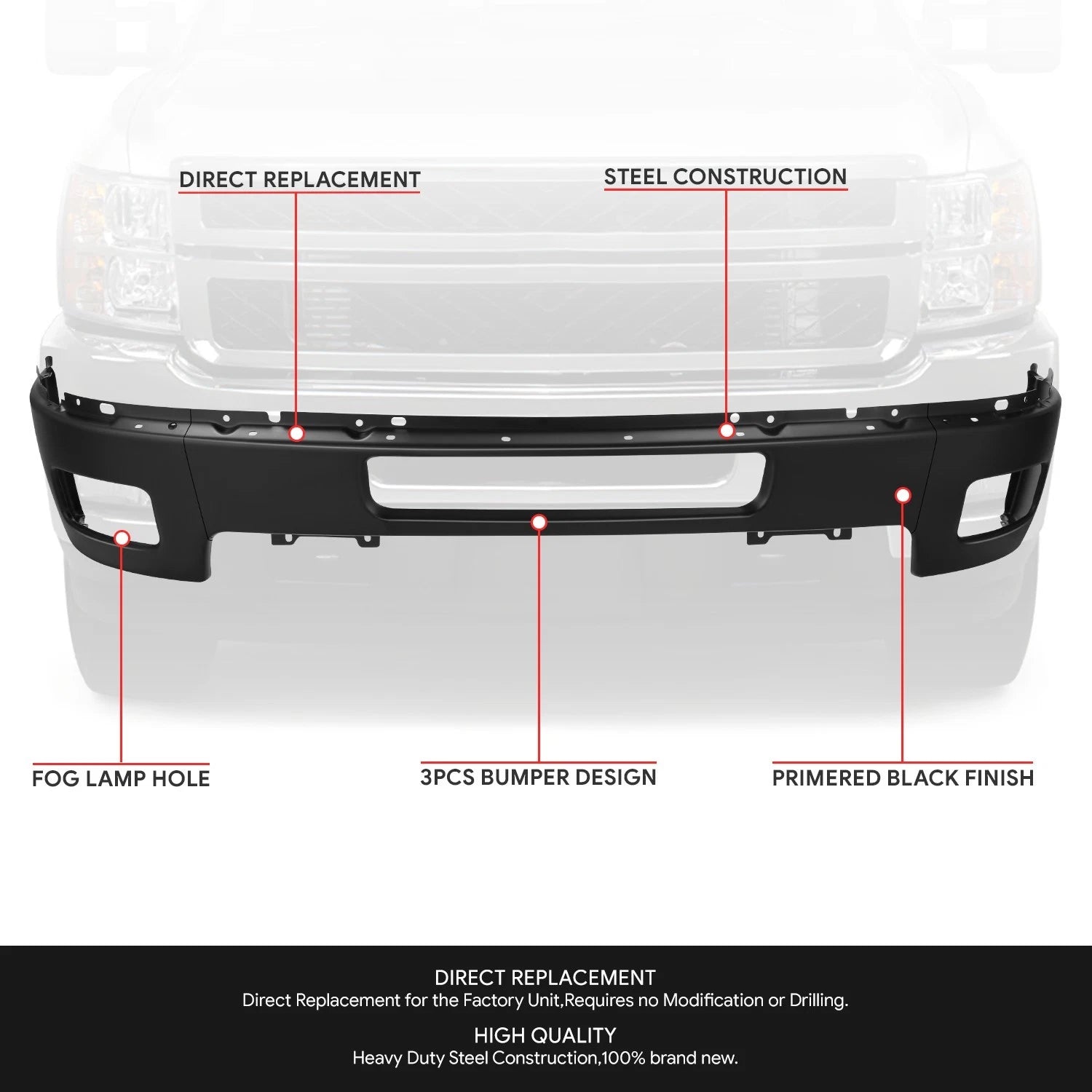 Front Bumper Face Bar for Silverado 2500 3500 HD (2011–2014) w/ Foglight Holes