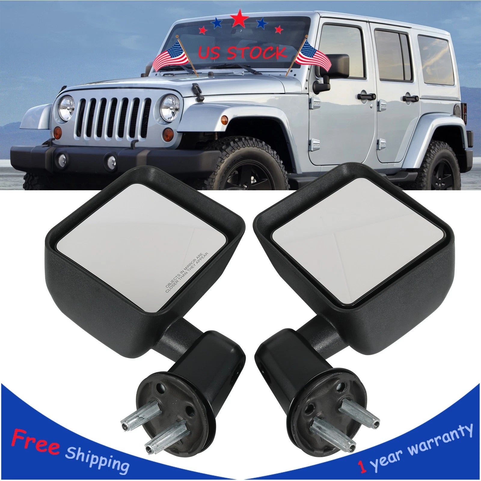 Manual Side Mirrors Pair for Jeep Wrangler JK (2007–2017) Black