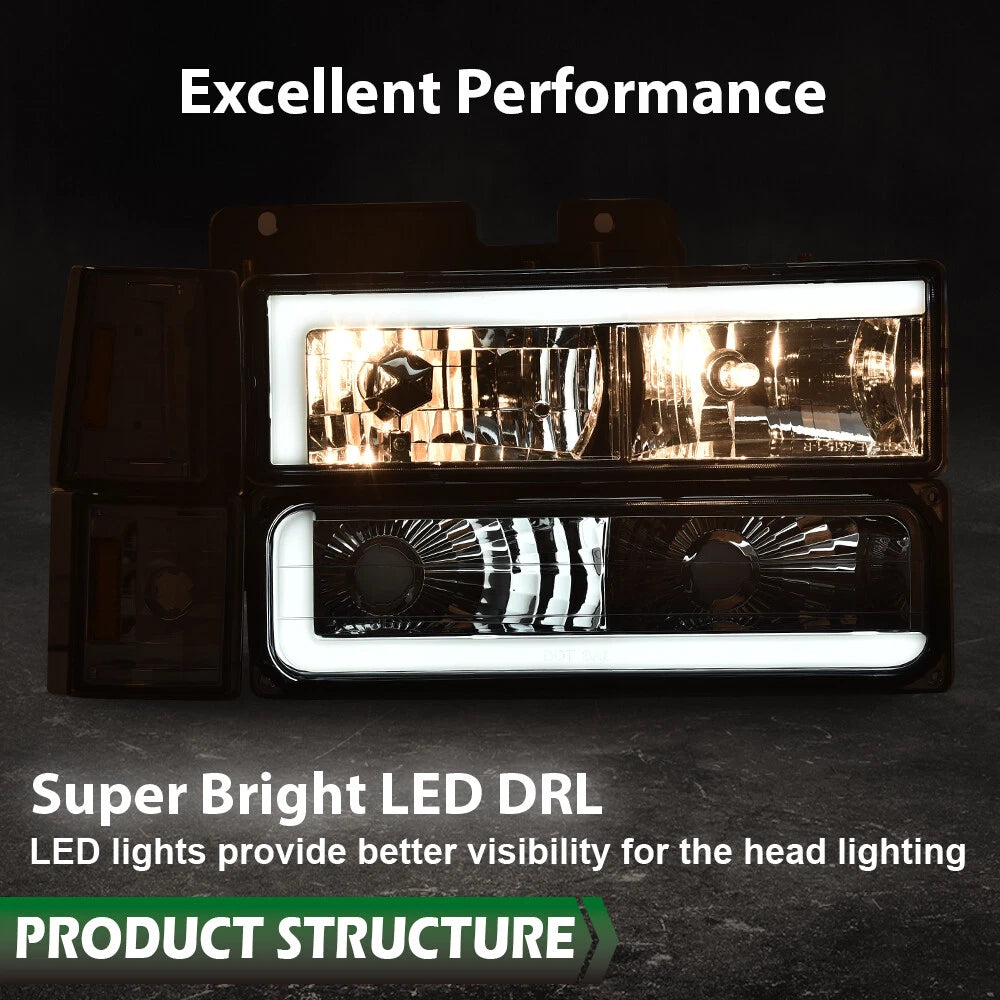 Chrome Smoke LED DRL Headlights for GMC C10 C/K Suburban (1994–2000)