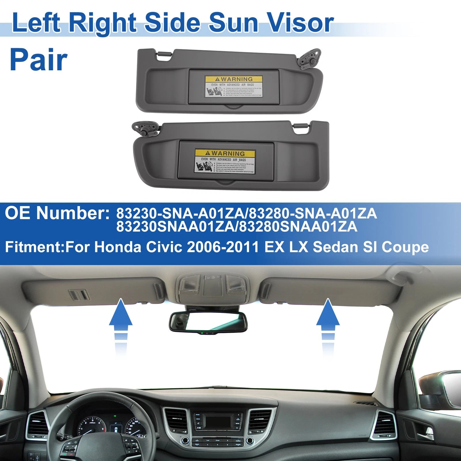 Set of 2 Sun Visors for Honda Civic (2006–2011) No. 83230-SNA-A01ZA Gray