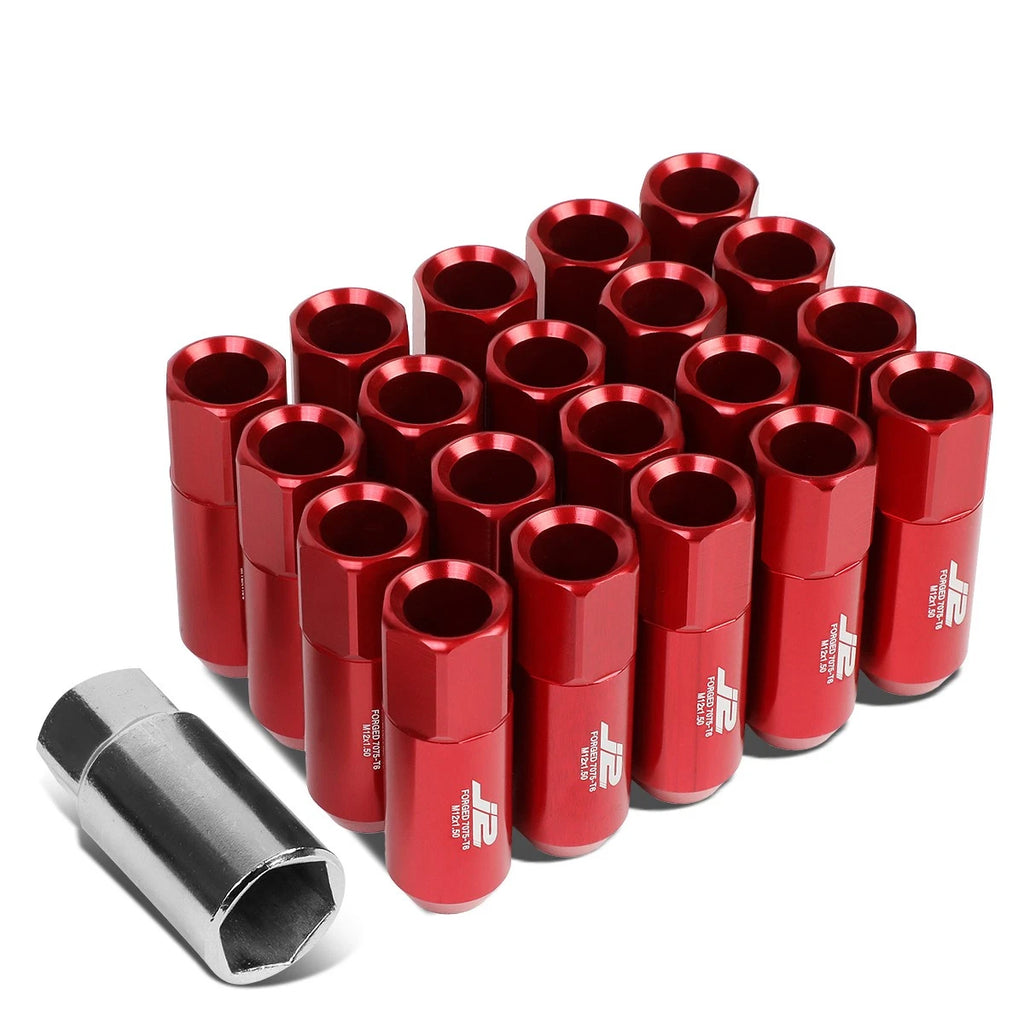 Set of 20 J2 7075 Forged Aluminum M12x1.5 Open-End Lug Nuts w/Adapter Red