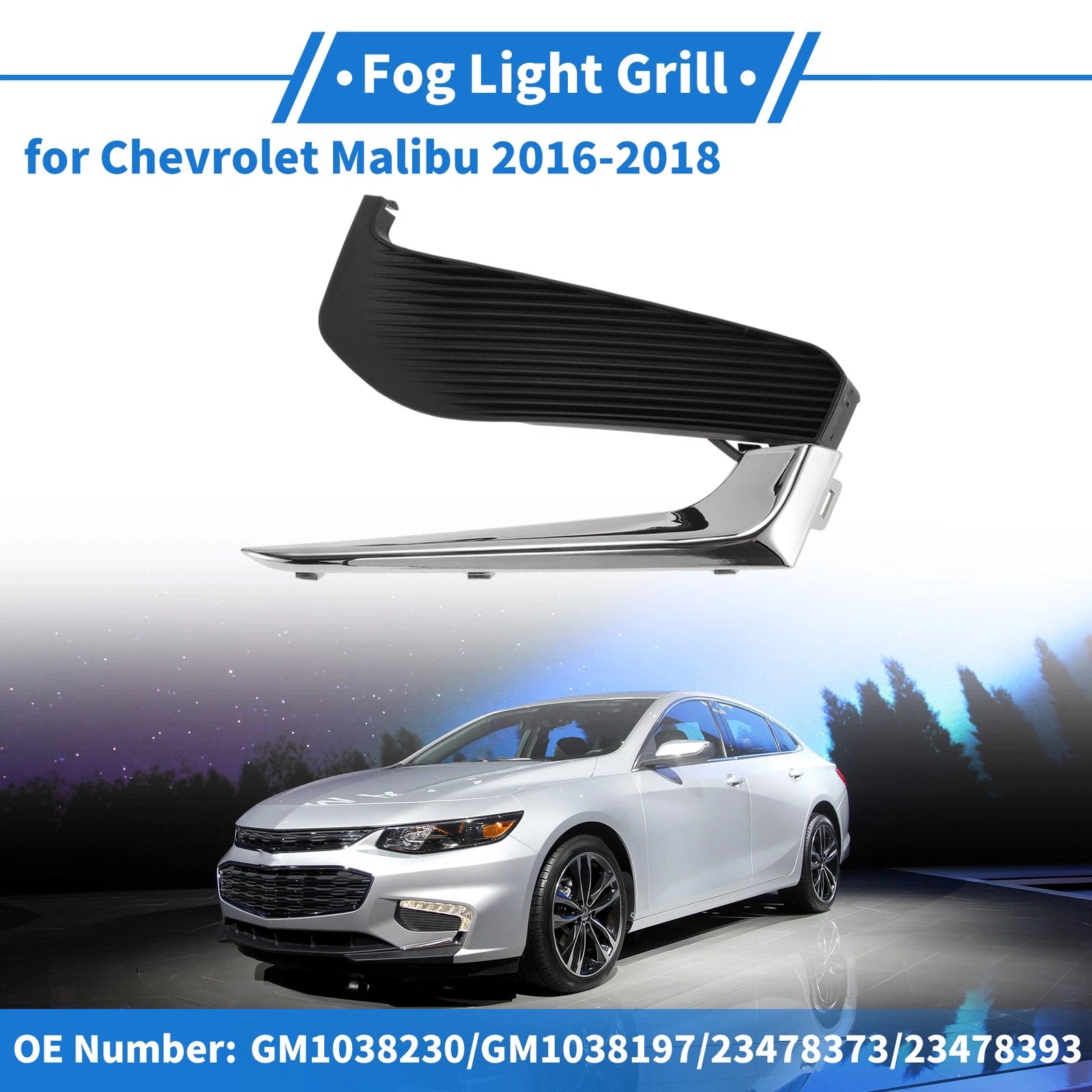 Front Left Fog Light Grill No.GM1038230 for Chevrolet Malibu (2016–2018) Black Chrome