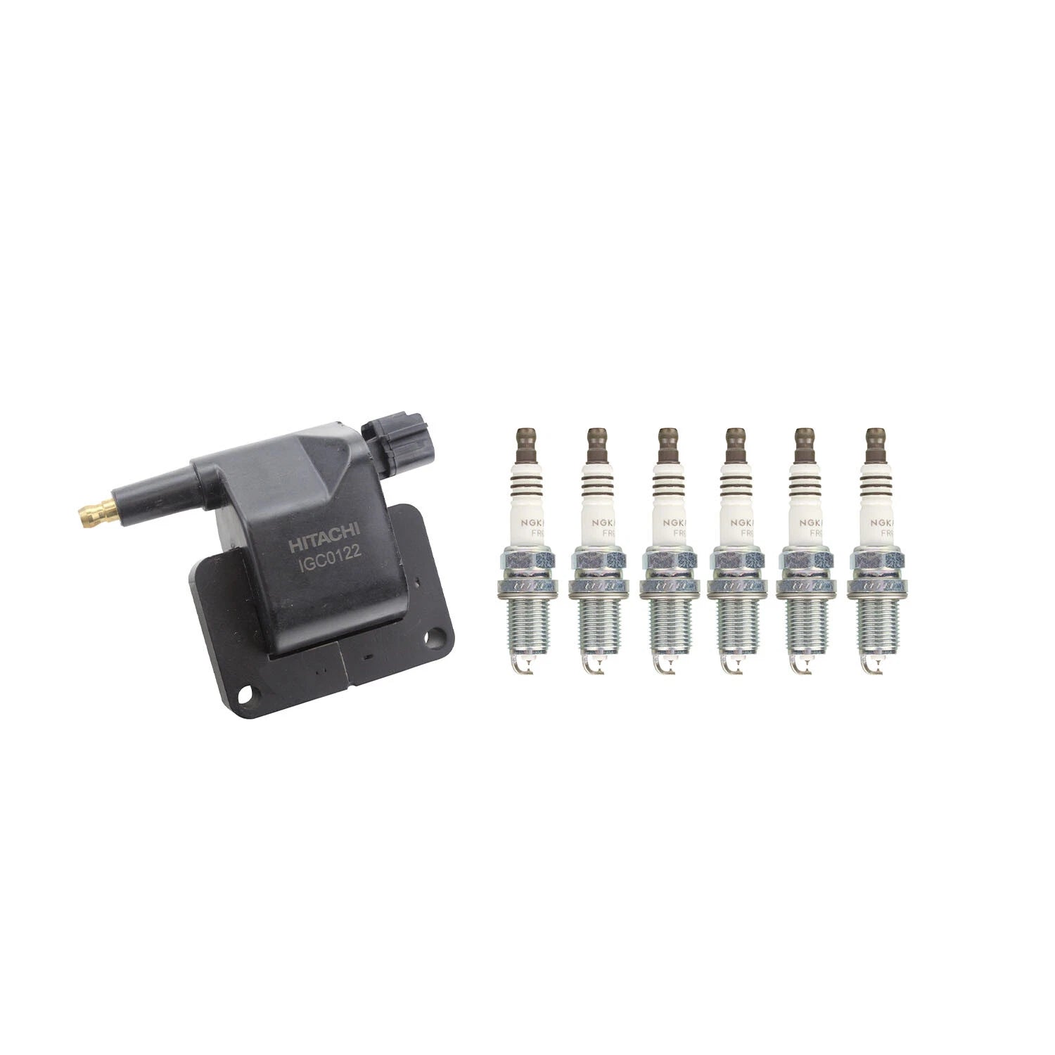 Hitachi Ignition Coil & 6 NGK Ruthenium Spark Plugs Kit for Dakota Ram 1500 (1997–2004)