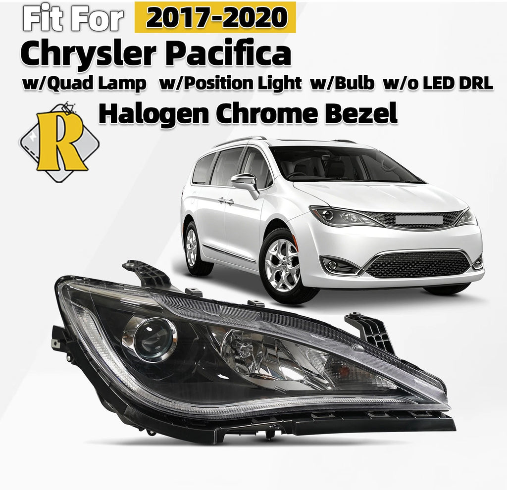 Halogen Headlight with Bulb Chrome Bezel Right RH for Chrysler Pacifica (2017–2020)