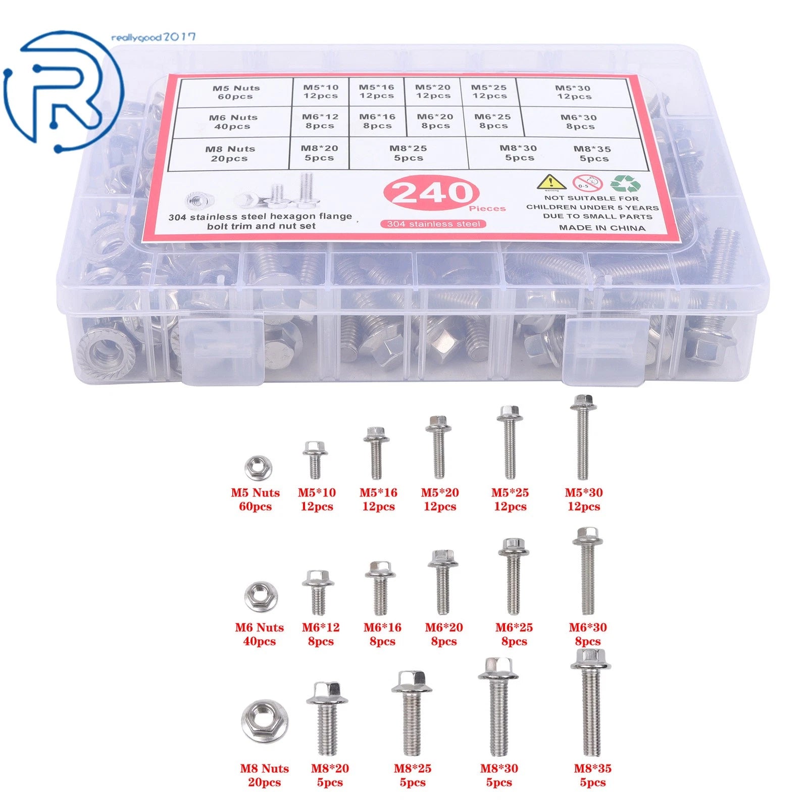 Flanged Bolts and Nuts Kit for Most Common Sizes (M5, M6, M8)
