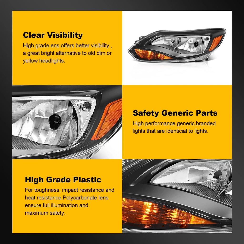 2X Headlight Assembly for Ford Focus (2012–2014) Black Amber Housing