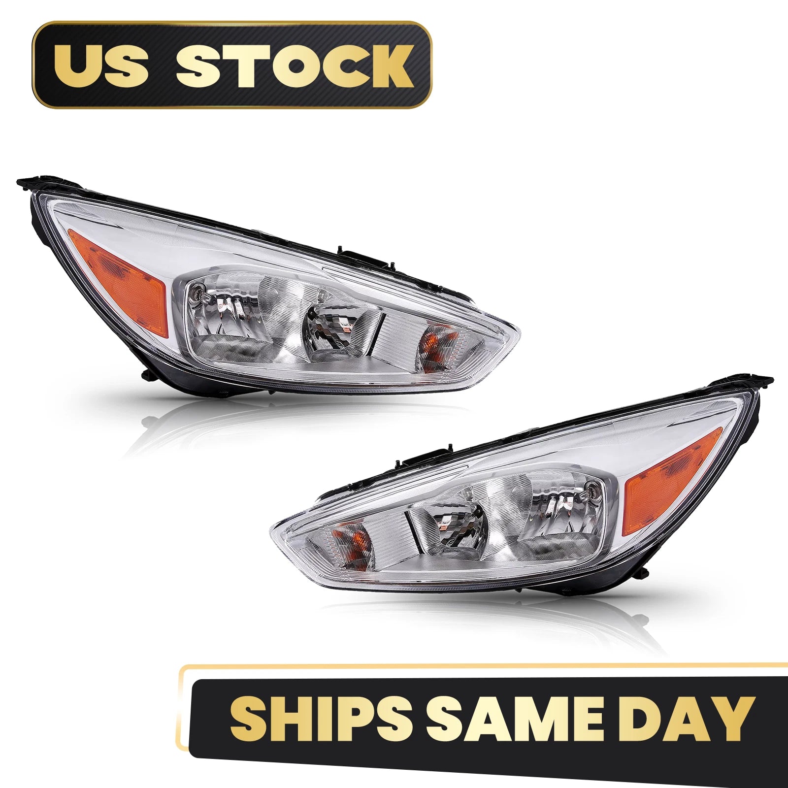 Set of 2 Halogen Headlights with LED DRL Chrome for Ford Focus (2015–2018)