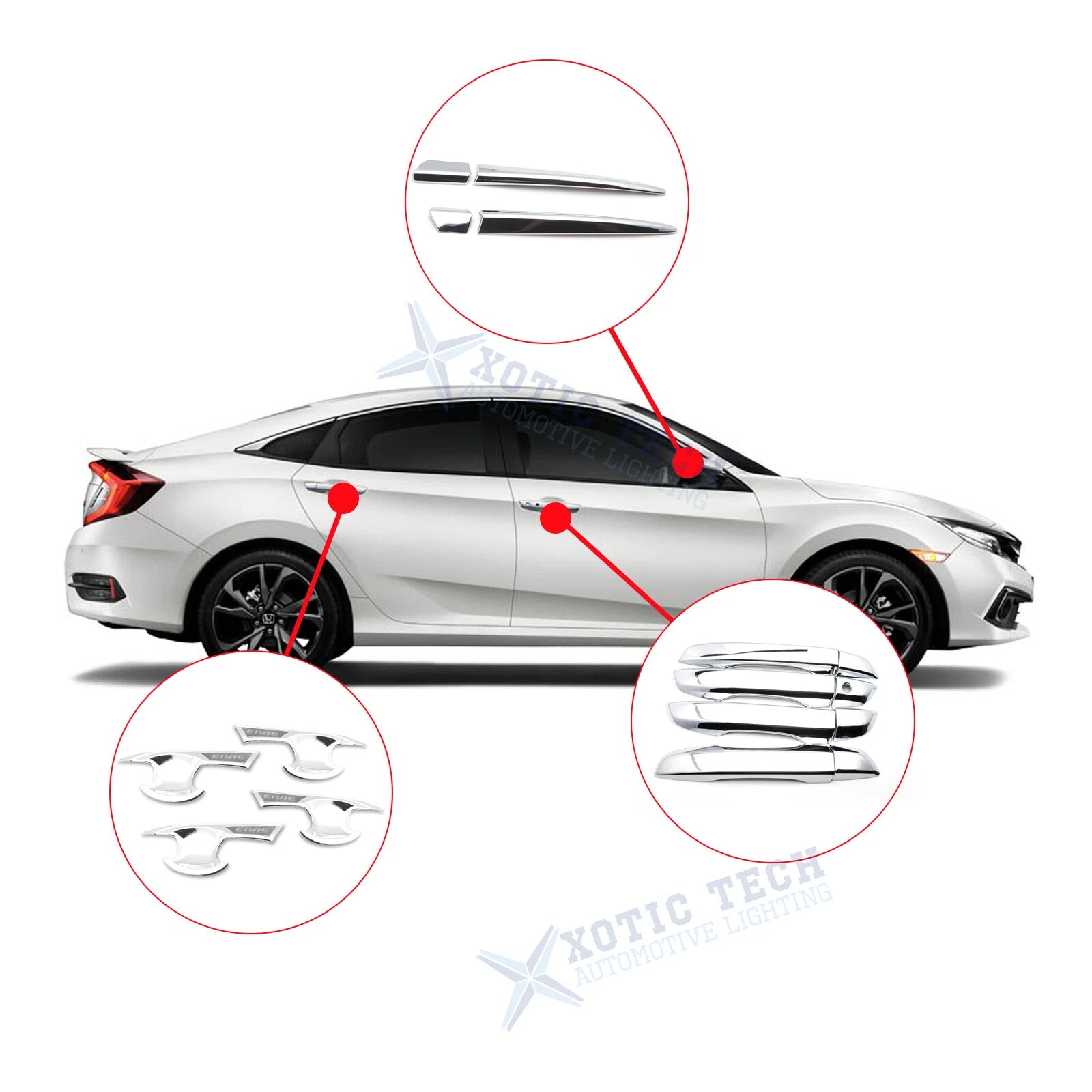 Chrome Door Handle Bowl Side Mirror Stripes Decor Trim for Honda Civic (2016–2021)