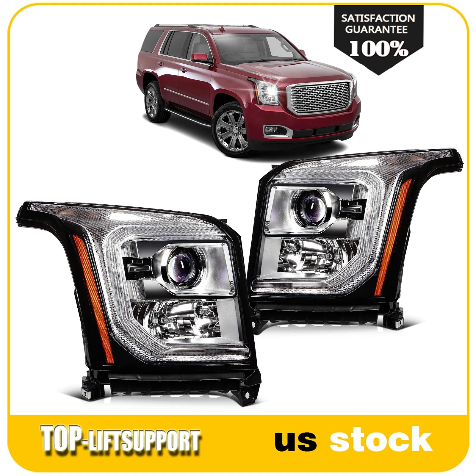 Pair Headlight Assembly for GMC Yukon (2015–2017) with Projector and Bulbs