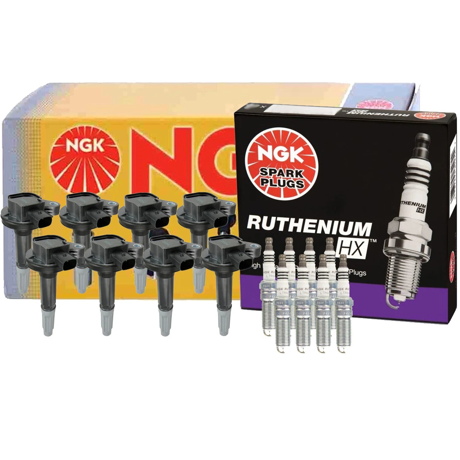 Set of 8 NGK COP Ignition Coils & Ruthenium HX Spark Plugs for Ford Mustang F-150