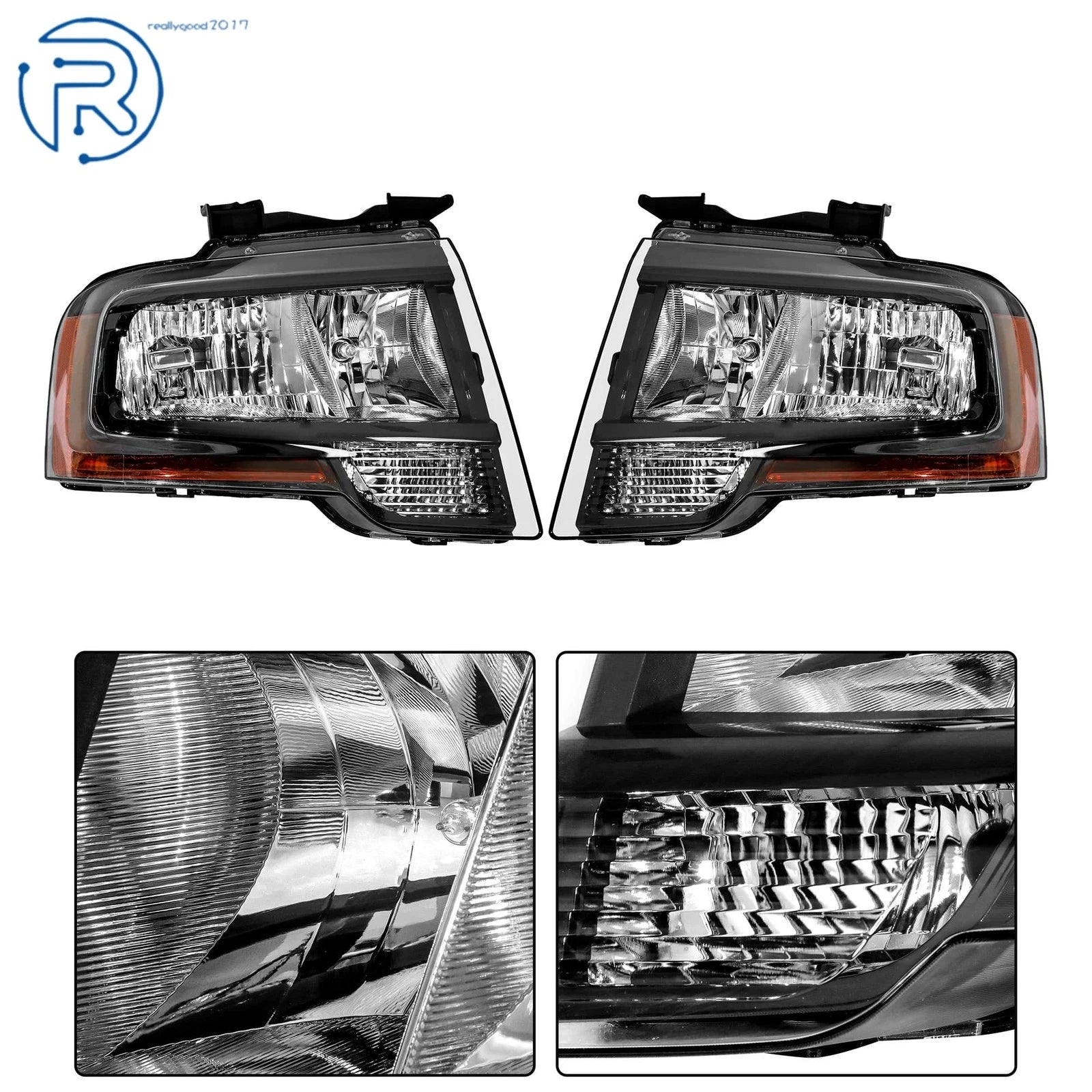 Set of 2 Black Halogen Headlights for Ford Expedition (2015-2017)