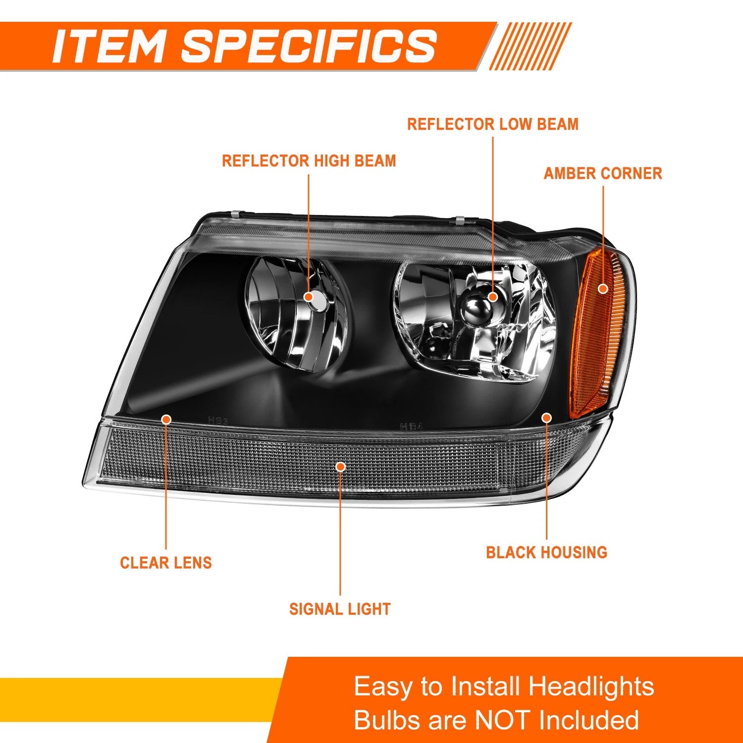 Headlight and Amber Side Corner Lamp for Jeep Grand Cherokee WJ (1999–2004)