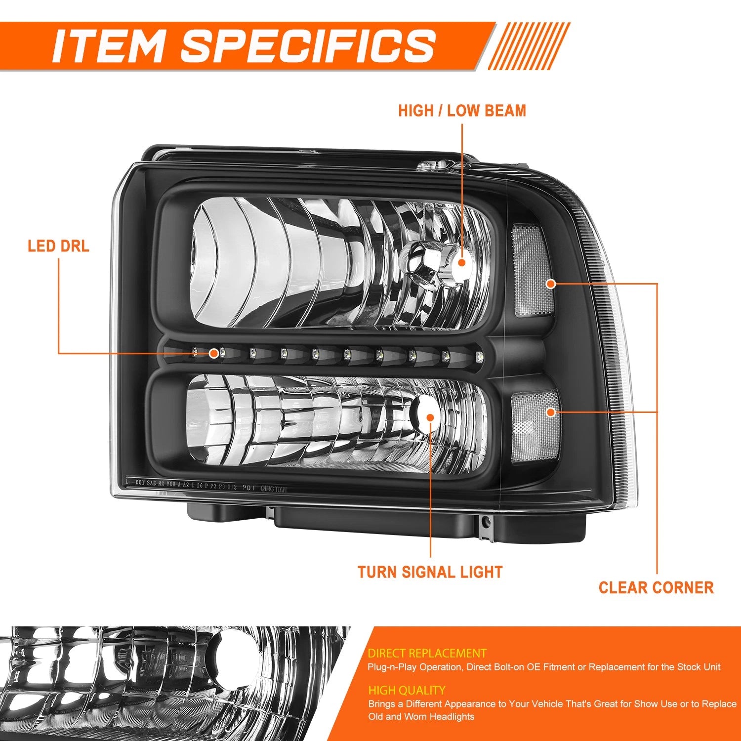 LED Headlight Lamp for Ford F250-F550 Super Duty Excursion (2005–2007)