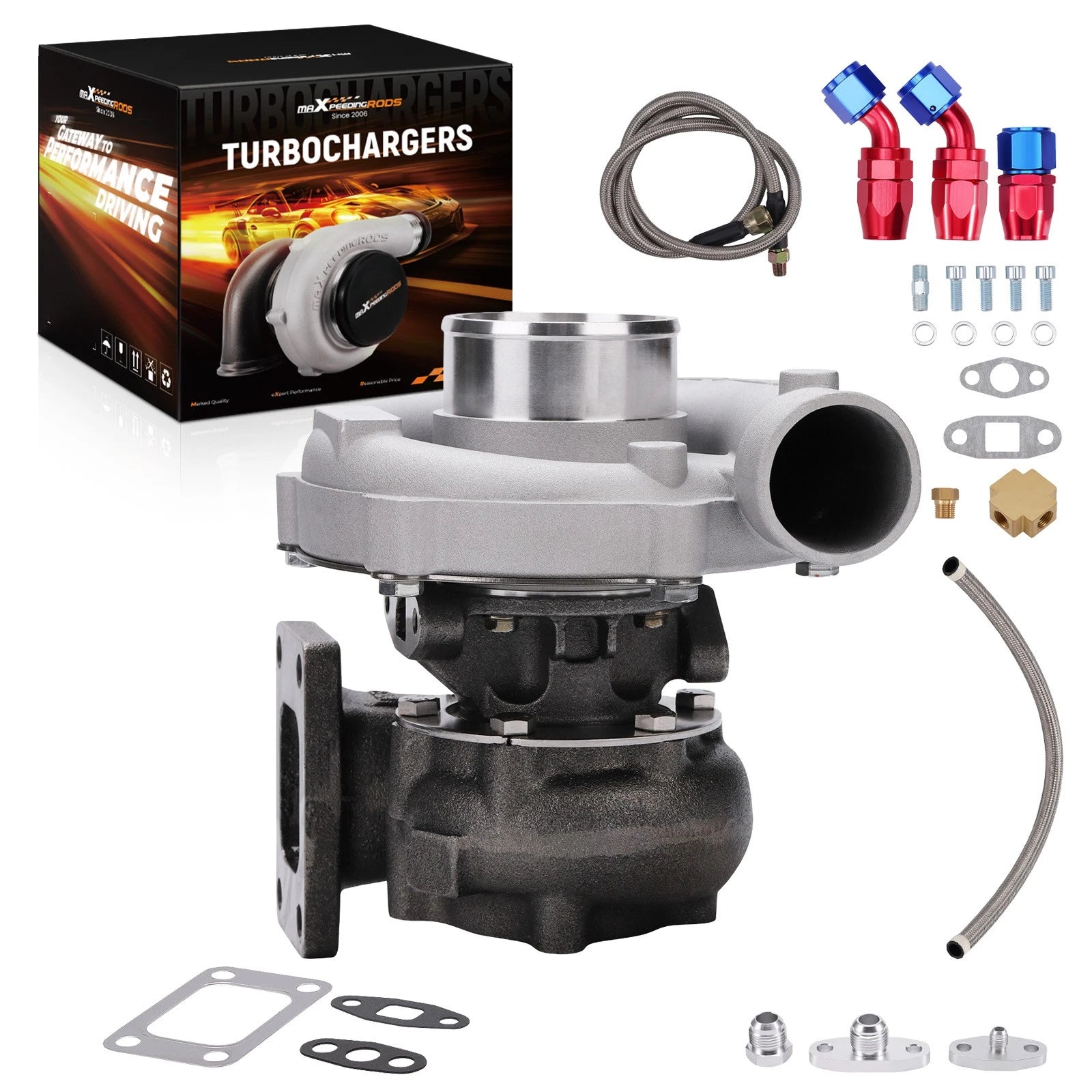 T3/T4 T04E .57 A/R Turbocharger 5-Bolt & Feed Return Line Universal