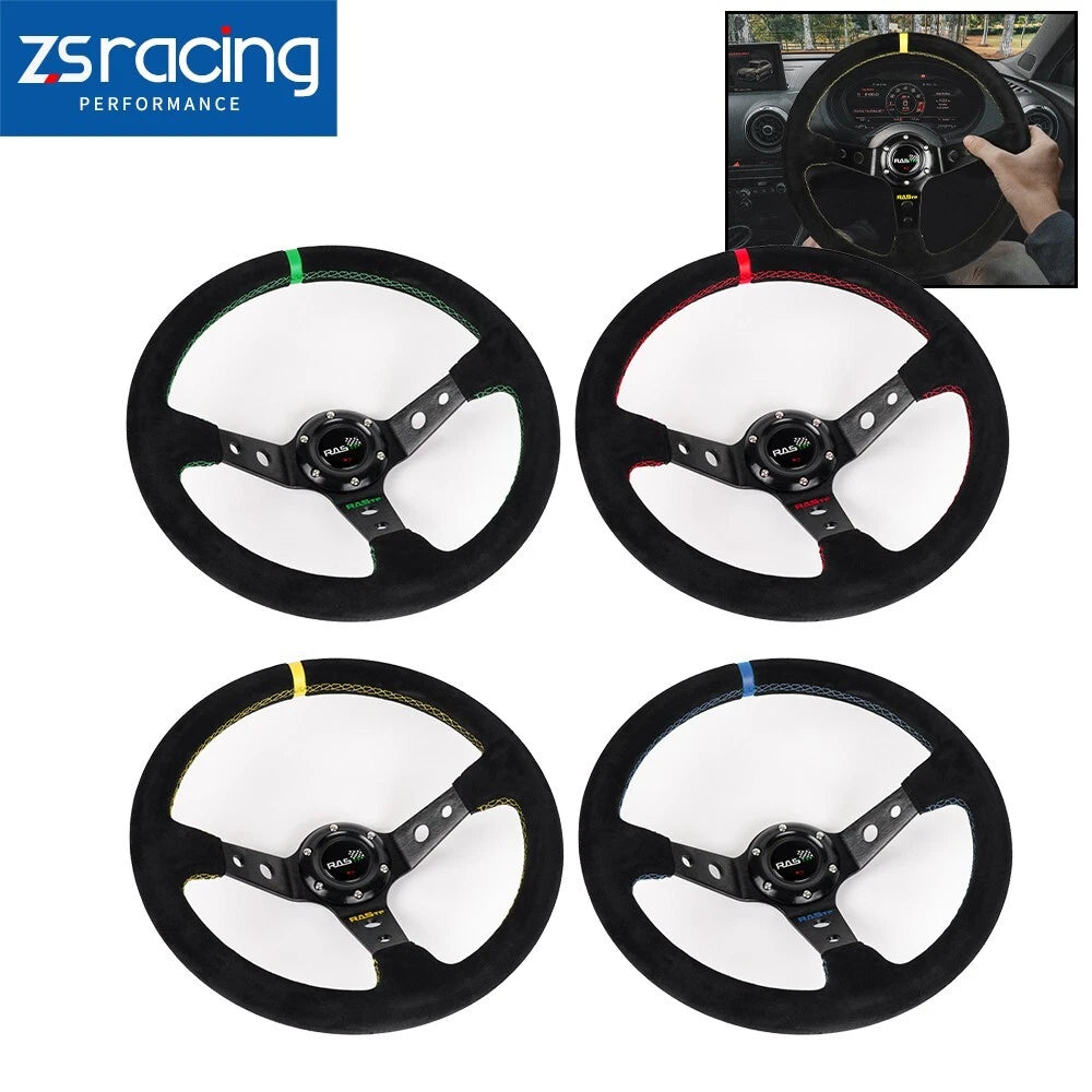 14-Inch Deep Dish Suede Leather Steering Wheel with Red Ring