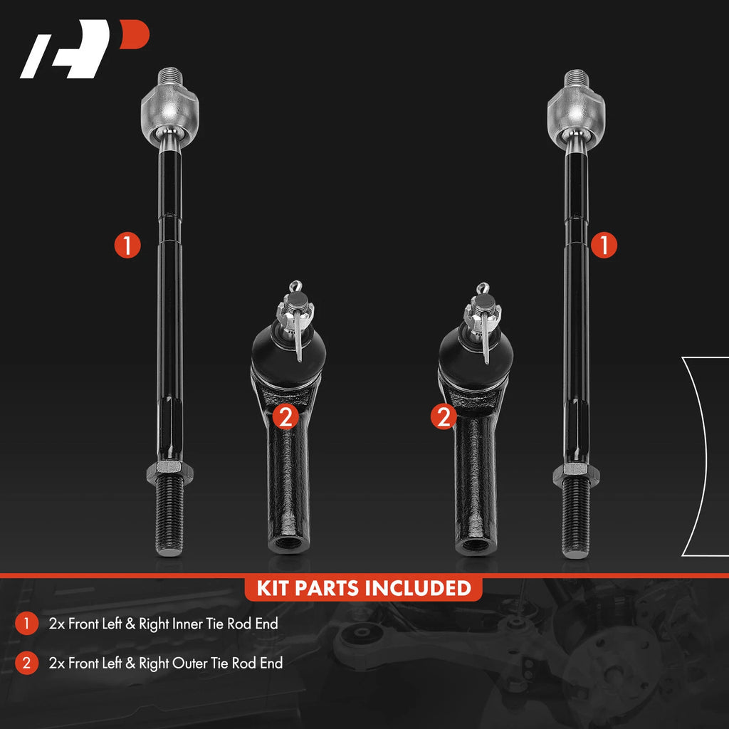 Set of 4 Front Inner & Outer Tie Rod Ends for Kia Spectra (2000-2004)