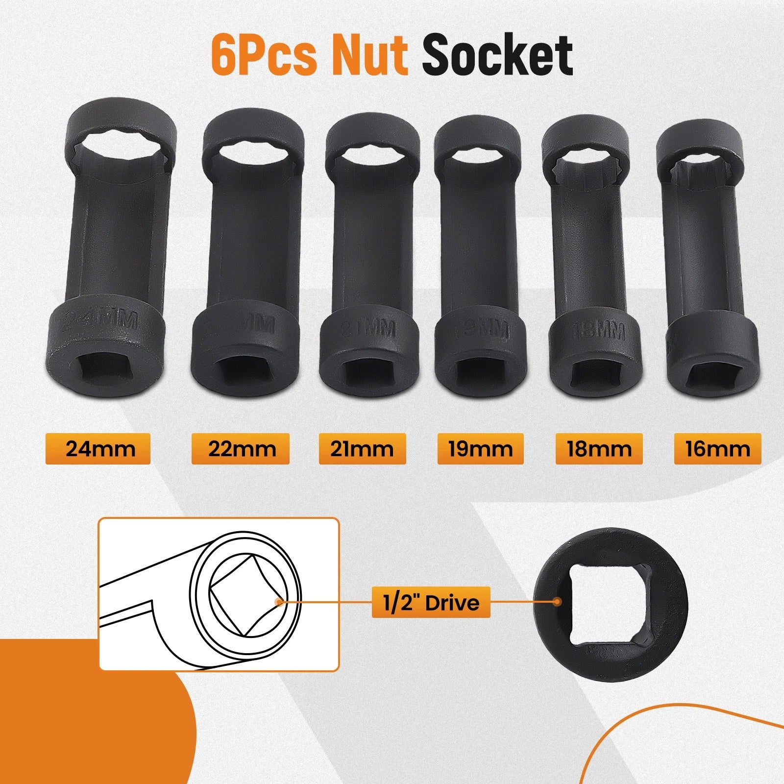 8PC Strut Nut Socket Set for 18-24mm 1/2" Drive Universal