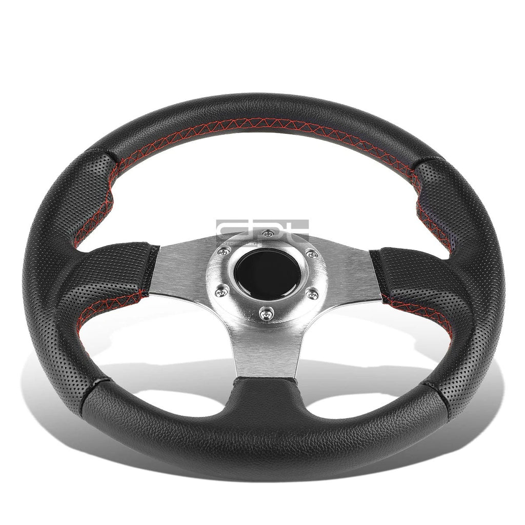 320mm PVC Leather Steering Wheel with Silver Red Stitching - Universal Fit