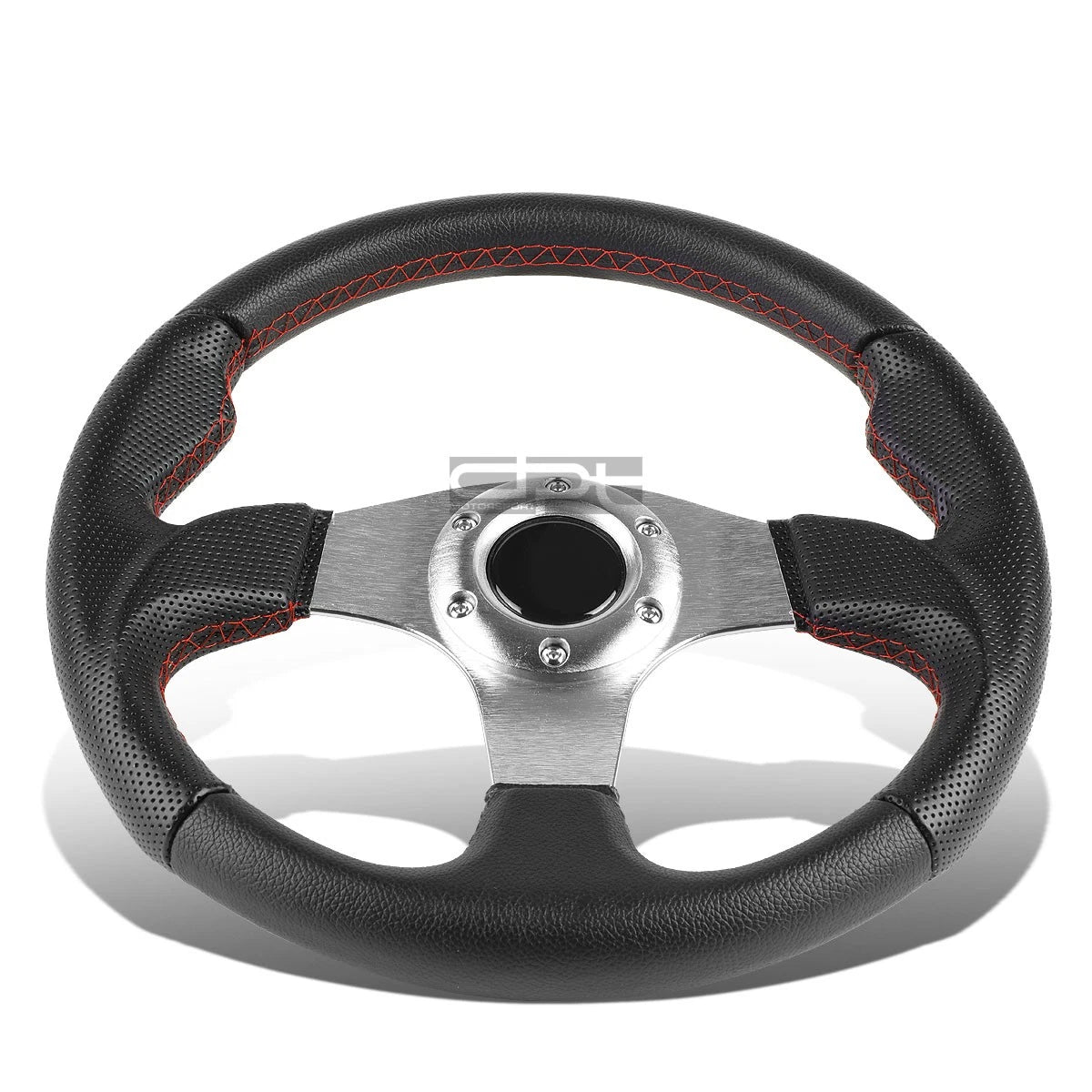 320mm PVC Leather Steering Wheel with Silver Red Stitching - Universal Fit